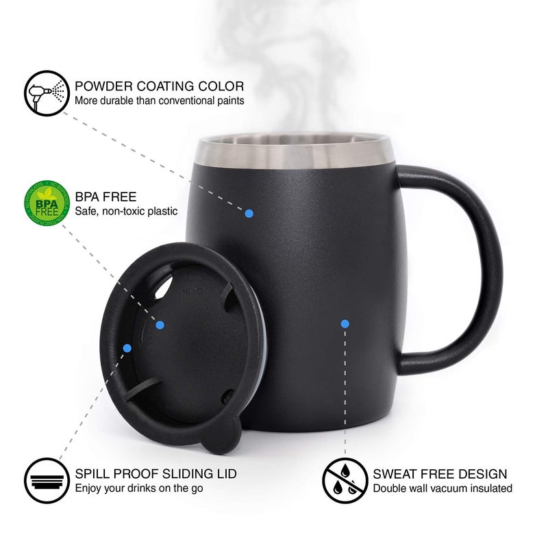 CHILLOUT LIFE Stainless Steel Insulated Coffee Mugs Set of 2 (14 oz) - Double Wall Coffee Cups With Spill Resistant Lid & Strong Handle, Shatterproof Cups for Cold Drinks, Hot Beverages - Image 2